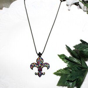 Black Fleur-de-Lis Rhinestone Pendant Necklace Mardi Gras New Orleans Carnival